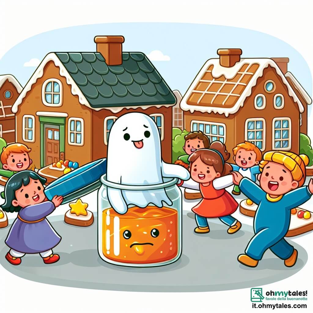 Une illustration destinée aux enfants représentant un fantôme rigolote coincé dans un barattolo de marmellata, aidé par des enfants joyeux, dans un village aux maisons de pan di zenzero et aux rues lastrées de caramelles.