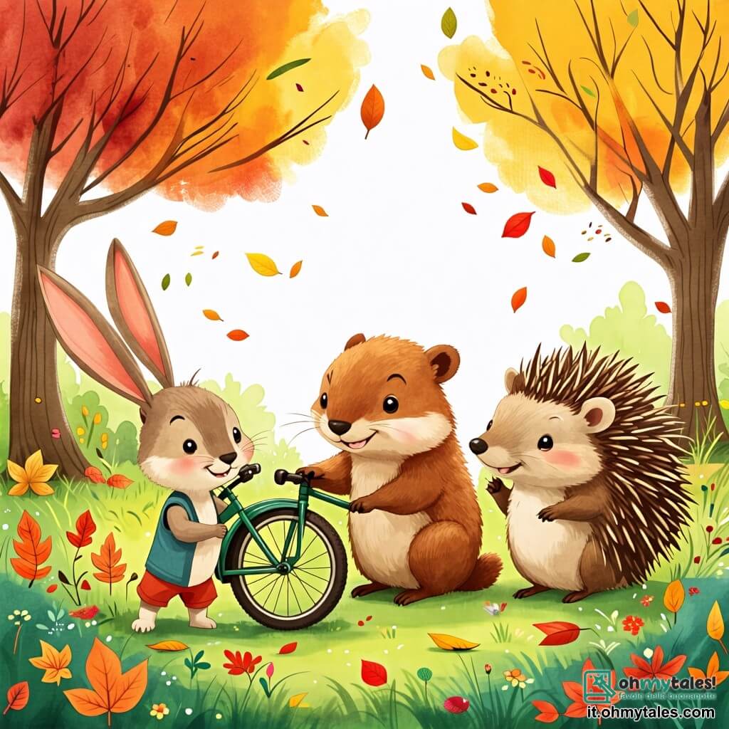 Une illustration sous forme de dessin destinée aux enfants représentant un parc ensoleillé avec de l'herbe verte et des arbres colorés, où une marmotte au pelage brun et aux grands yeux curieux est en train de construire une bicyclette faite de branches et de feuilles, entourée d'un joyeux petit lapin aux oreilles longues et d'une mignonne huppe d'istrice avec des piquants, tous deux souriants et aidant la marmotte, illustrant l'esprit d'amitié et d'aventure dans une atmosphère ludique et joyeuse.