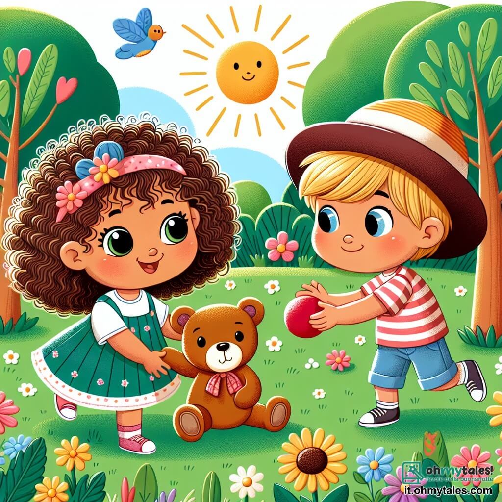 Une illustration sous forme de dessin destinée aux enfants représentant un parc ensoleillé avec des arbres verdoyants et des fleurs colorées, où une petite fille de 1 an aux cheveux bouclés et aux yeux pétillants joue joyeusement avec un orsetto de peluche, tandis qu'un garçon de 2 ans portant un grand chapeau et un t-shirt rayé la regarde en souriant, tous deux partageant un moment d'amitié en lançant une balle rouge dans l'herbe.