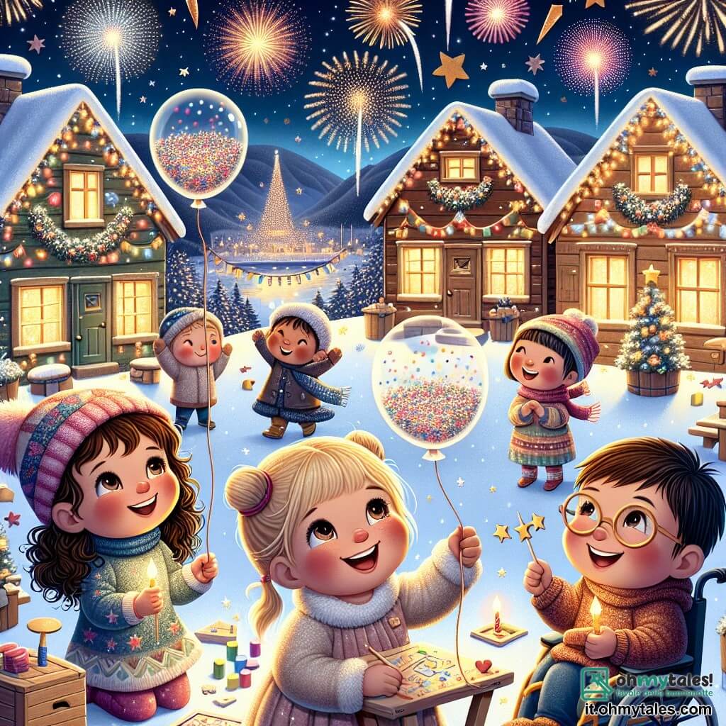 Illustrazione che rappresenta una scena magica della festa di Capodanno in un villaggio innevato. Sullo sfondo, case di legno con i tetti coperti di neve scintillante, illuminate da ghirlande colorate. Il cielo è pieno di fuochi d'artificio brillanti, creando un'atmosfera festosa e gioiosa. Al centro dell'immagine, quattro bambini sono riuniti. Un ragazzo di cinque anni, con capelli castani e occhi vivaci, sorride ampiamente mentre tiene un palloncino trasparente pieno di coriandoli. Accanto a lui, una ragazza di cinque anni, con capelli biondi e ricci, disegna stelle su un piccolo quaderno con una matita colorata, il suo viso illuminato dall'eccitazione. Un altro ragazzo, sempre di cinque anni, con occhiali e capelli castani, guarda con meraviglia i fuochi d'artificio, tenendo in mano un puzzle di legno. Infine, una ragazza di cinque anni, con capelli lisci e neri, è seduta su una sedia a rotelle, ridendo gioiosamente mentre lancia il suo palloncino verso il cielo. La scena principale mostra i bambini che celebrano insieme, circondati da risate e colori, mentre lasciano volare i loro palloncini dei desideri nella notte stellata. Fiocchi di neve cadono dolcemente attorno a loro, aggiungendo un tocco di magia a questa scena festiva.