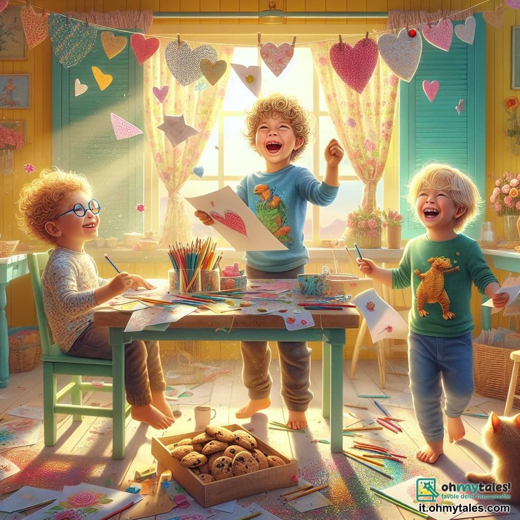 Illustrazione che rappresenta una scena gioiosa in una cucina colorata e soleggiata. Le pareti sono dipinte di giallo pastello e tende a motivi floreali danzano al vento. Al centro della stanza, un tavolo di legno è coperto di carta colorata, pastelli, glitter e biscotti appena sfornati. Un bambino di tre anni, con capelli ricci e un sorriso splendente, è in piedi su una sedia, tenendo un grande cartoncino a forma di cuore che ha disegnato. Accanto a lui, un bambino di quattro anni, con occhiali e una maglietta a motivi di dinosauri, guarda con ammirazione. Un altro bambino di cinque anni, con capelli biondi e occhi scintillanti, canta gioiosamente mentre tiene un cartoncino decorato con fiori. La scena rappresenta il momento in cui i tre amici preparano cartoline magiche per la festa della mamma, pieni di eccitazione e creatività. Risate riecheggiano nell'aria e un gatto dal pelo morbido, sdraiato sul pavimento, osserva la scena con curiosità. Cuori e stelle di carta fluttuano intorno a loro, aggiungendo un tocco di magia a questo momento speciale.