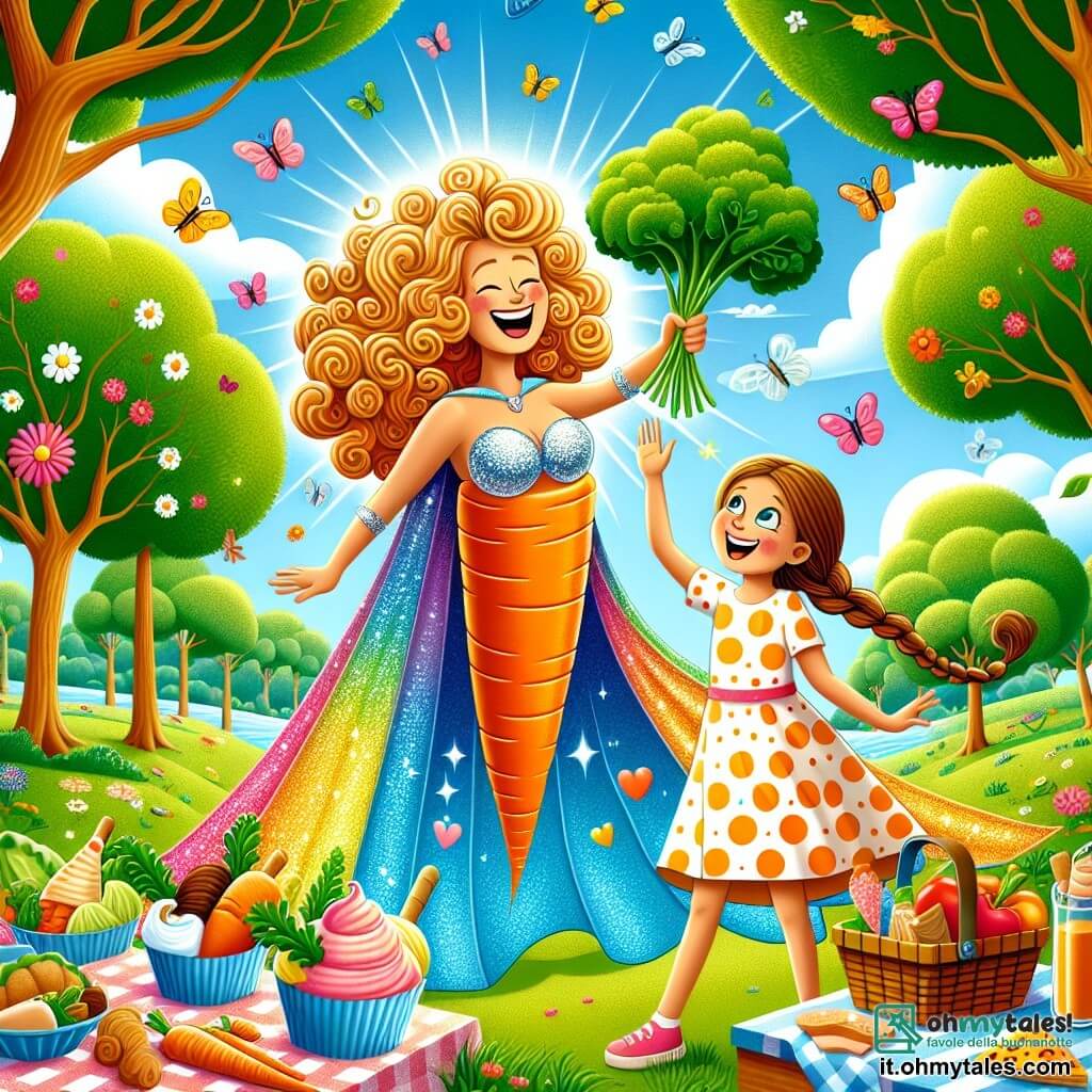 Illustrazione che rappresenta un parco soleggiato, con grandi alberi dalle foglie verdi brillanti e fiori colorati che danzano nel vento. Al centro, una donna dai capelli ricci e dorati, vestita con un costume da supereroina brillante con motivi di carote, sorride gioiosamente mentre tiene una grande carota che si trasforma in un delizioso gelato. Accanto a lei, una bambina di circa 8 anni, con capelli castani e trecce, indossa un vestito a pois e guarda con meraviglia il gelato che si sviluppa davanti a lei. La scena mostra la donna che ride, mentre la bambina tende la mano per assaporare il gelato, circondate da farfalle colorate e un cielo blu splendente. Cesti da picnic con frutta e panini sono sparsi attorno a loro, aggiungendo un tocco di convivialità a questa giornata soleggiata.