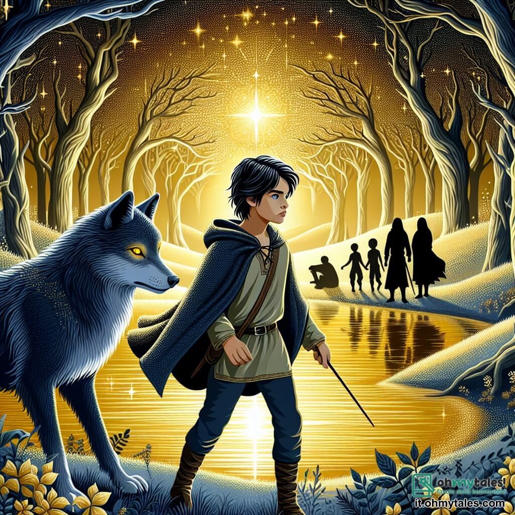 Une illustration sous forme de dessin destinée aux enfants représentant une vallée enchantée baignée par la lumière dorée du soleil, où un jeune homme aux cheveux noirs comme la nuit et aux yeux bleus pétillants, vêtu d'un simple manteau de laine, se tient courageusement devant un lac mystérieux, tandis qu'un loup majestueux aux yeux dorés l'observe avec bienveillance, et en arrière-plan, des silhouettes de villageois en détresse se rassemblent pour reconstruire leur communauté, illustrant ainsi le moment clé où le jeune homme doit affronter ses peurs pour aider les autres.