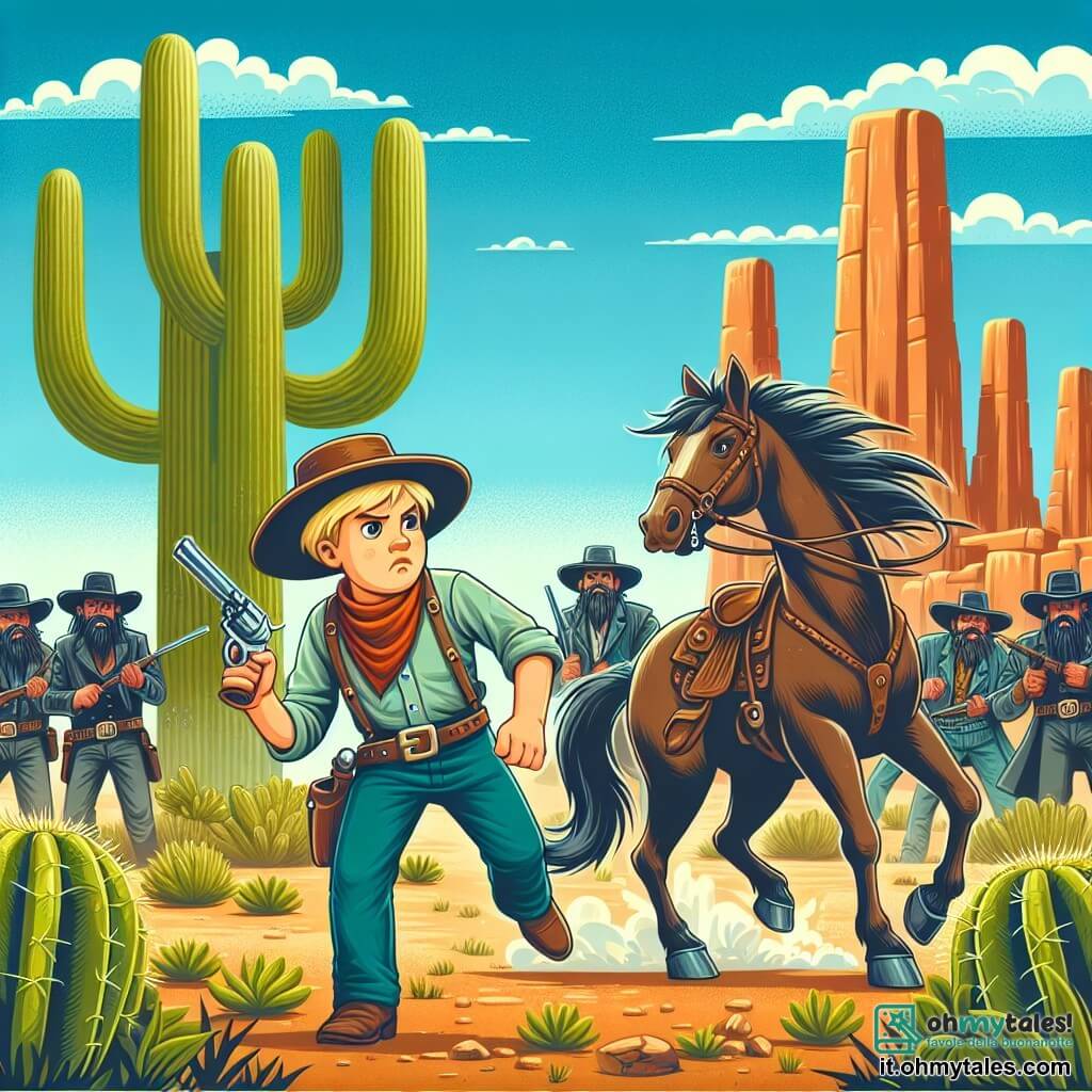 Une illustration destinée aux enfants représentant un jeune cow-boy courageux affrontant des bandits menaçants avec son fidèle cheval dans un village de l'Ouest américain, sous un ciel bleu azur et des cactus géants s'élevant majestueusement.