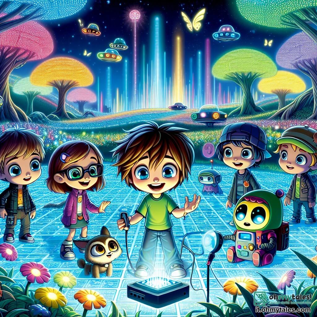Illustrazione che rappresenta una scena vibrante nel parco centrale di Lumina City. Il pavimento è fatto di lastre trasparenti che brillano sotto un cielo azzurro chiaro, mentre alberi dai tronchi luminescenti e fiori cantanti creano un'atmosfera magica. Al centro, un gruppo di bambini si riunisce attorno a un piccolo dispositivo scintillante, che emette luci colorate. Un ragazzo di circa 10 anni, con i capelli castani arruffati e un grande sorriso curioso, tiene il dispositivo tra le mani. Accanto a lui, una ragazza di 9 anni indossa occhiali che cambiano forma, i suoi occhi brillano di eccitazione mentre osserva attentamente l'oggetto. Un altro ragazzo, di 11 anni, ha un piccolo robot al suo fianco, mostrando un'espressione di meraviglia. Infine, una ragazza di 10 anni, con uno zaino pieno di oggetti strani, guarda intorno con uno sguardo determinato, pronta a esplorare. La scena principale mostra i bambini che scoprono insieme il misterioso dispositivo, simboleggiando la loro curiosità e il loro spirito d'avventura. Sullo sfondo, edifici futuristici dai colori cangianti si ergono, e auto volanti passano silenziosamente nel cielo, aggiungendo all'atmosfera futuristica della scena. Lampi di luce e note musicali emanano dai fiori, creando un'atmosfera gioiosa e dinamica.