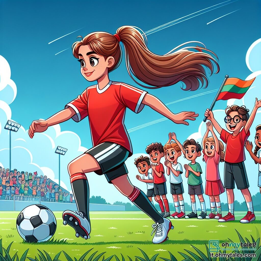 Une illustration sous forme de dessin destinée aux enfants représentant un terrain de football verdoyant sous un ciel bleu éclatant, avec une jeune femme athlétique aux cheveux châtains attachés en queue de cheval, portant un maillot de football rouge et un short noir, en train de dribbler le ballon avec détermination, tandis qu'un groupe de jeunes enfants, dont un garçon aux lunettes et une fille aux nattes, l'encourage avec enthousiasme en agitant des drapeaux colorés, capturant l'esprit de camaraderie et de passion pour le football.