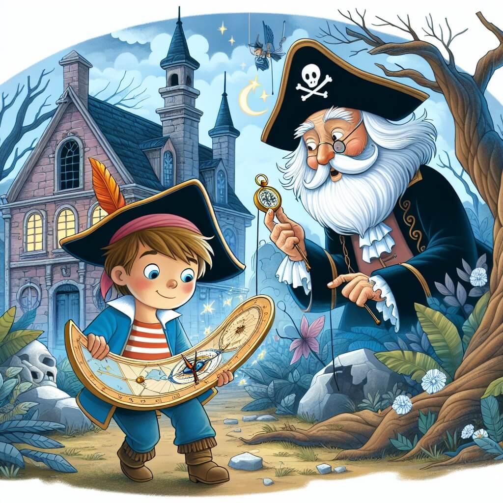 Une illustration destinée aux enfants représentant un jeune garçon vêtu d'un costume de pirate, découvrant une mystérieuse bussola magica, accompagné d'un vieux burattinaio barbu, devant un bâtiment abandonné au cœur d'une forêt enchantée.