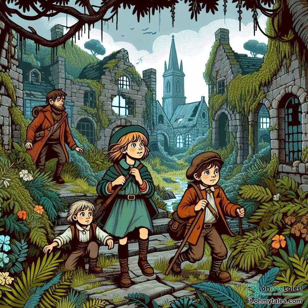 Une illustration destinée aux enfants représentant une jeune fille intrépide, accompagnée de ses amis, explorant un mystérieux village abandonné, envahi par la végétation luxuriante, avec des maisons en ruines et des ruelles sombres.