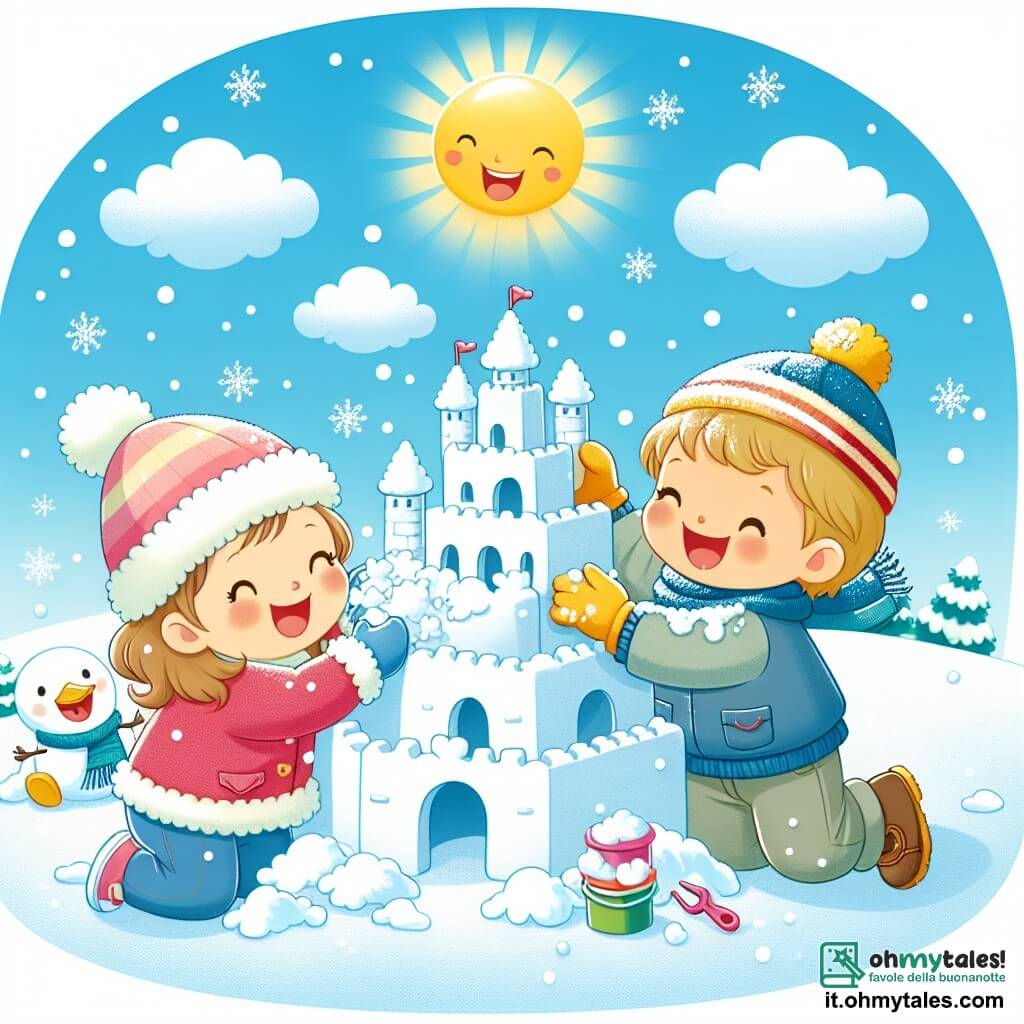 Une illustration destinée aux enfants représentant une petite fille joyeuse jouant dans la neige avec un nouvel ami garçon, construisant un grand château de neige sur une colline enneigée, sous un ciel bleu d'hiver éclatant de soleil.