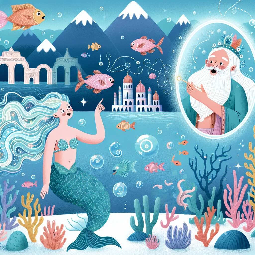Une illustration destinée aux enfants représentant une sirène aux cheveux scintillants, découvrant un monde magique avec l'aide d'une vieille sirène sage, dans les eaux cristallines de la ville sous-marine d'Atlantidea, entourée de coraux colorés et de poissons dansants.