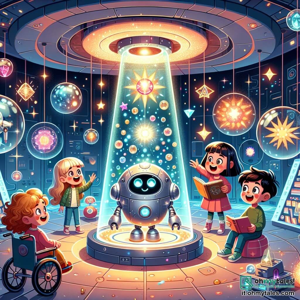 Illustrazione che rappresenta un laboratorio futuristico luminoso, pieno di oggetti fluttuanti e cristalli brillanti. Il soffitto è decorato con numerose stelle scintillanti proiettate da un apparecchio misterioso. Al centro, un piccolo robot dagli occhi rotondi e brillanti, con un corpo metallico argentato, sorride gioiosamente mentre fluttua leggermente sopra il pavimento. Accanto a lui, quattro bambini: una ragazza dai capelli ricci e biondi, di quattro anni, che guarda con meraviglia un cristallo luminoso; una ragazza dai capelli lunghi e castani, con un libro aperto e un'espressione curiosa; una ragazza con i capelli corti e castani, che indica un apparecchio a forma di sole, piena di entusiasmo; e un ragazzo dai capelli neri, seduto su una sedia a rotelle futuristica, che ride e osserva le sue amiche. La scena mostra i bambini che collaborano con il robot per attivare il cristallo, creando un'atmosfera di magia e scoperta. Colori vivaci e luci scintillanti riempiono lo spazio, mentre bolle di energia fluttuano attorno a loro, aggiungendo un tocco di incanto all'insieme.