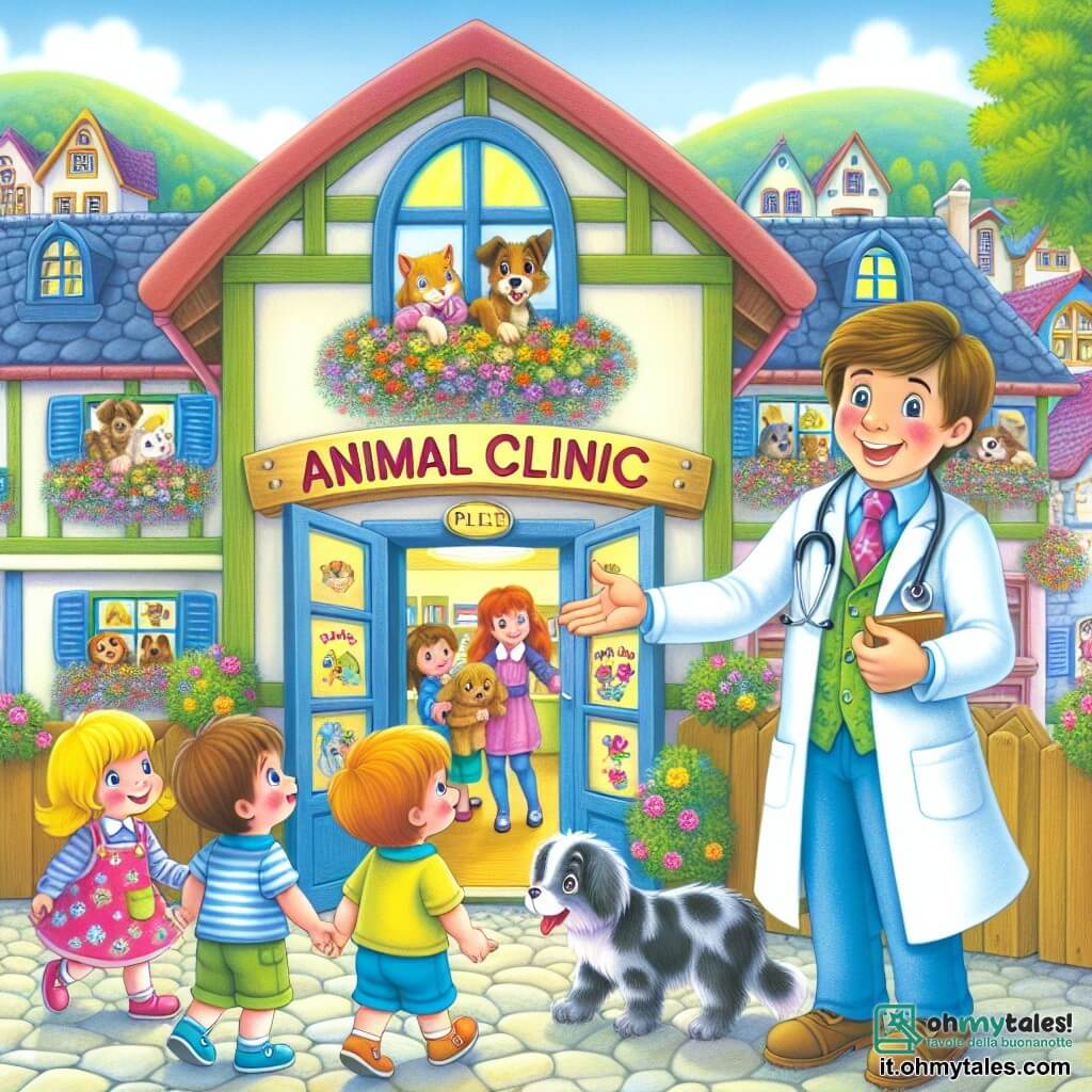 Une illustration destinée aux enfants représentant un jeune vétérinaire passionné par les animaux, accueillant des enfants curieux dans sa clinique colorée et chaleureuse, située au cœur du village de Campobello, où chaque porte et fenêtre sont ornées de fleurs multicolores.