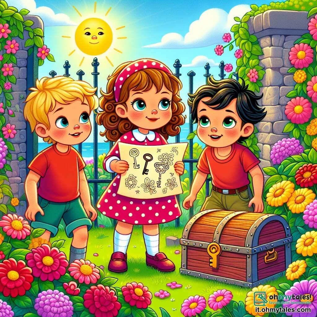 Une illustration sous forme de dessin destinée aux enfants représentant un jardin coloré et ensoleillé, avec des fleurs éclatantes et un vieux mur en pierre en arrière-plan ; au centre, une petite fille de 3 ans aux cheveux bouclés et bruns, portant une robe à pois, qui tient un morceau de papier avec un dessin de clé, entourée de deux amis : un garçon aux cheveux blonds et aux yeux pétillants, vêtu d'un t-shirt rouge, et une fille aux cheveux longs et noirs, portant une jupe rose, tous les trois regardant avec curiosité un vieux coffre en bois partiellement enfoui dans le sol, illustrant leur quête pour résoudre un mystère.