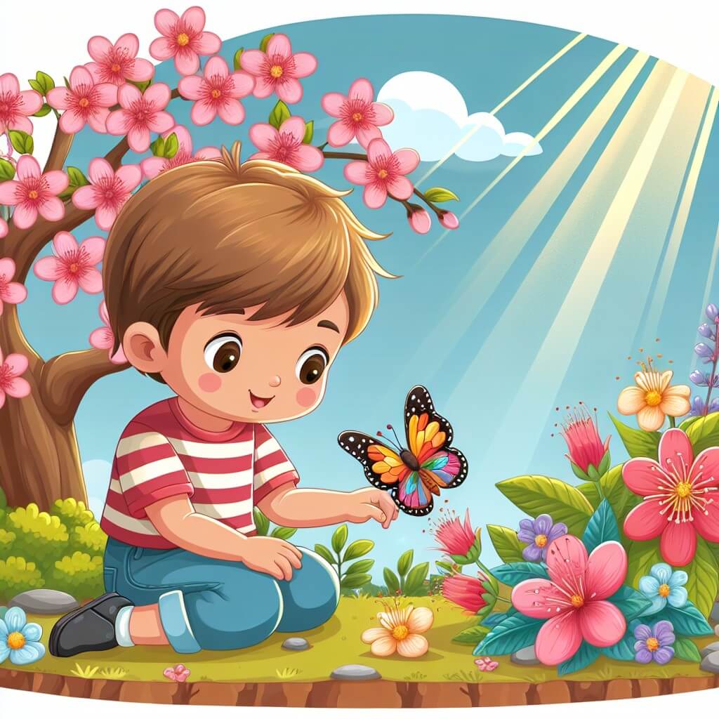 Une illustration destinée aux enfants représentant un jeune garçon, assis dans un jardin fleuri, observant avec curiosité un petit papillon coloré, tandis qu'un rayon de soleil illumine doucement la scène.