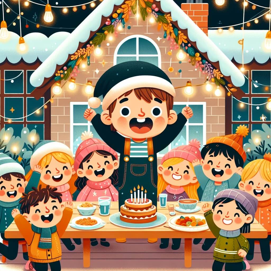 Une illustration destinée aux enfants représentant un jeune garçon plein d'excitation, entouré de ses amis, célébrant le nouvel an dans une maison chaleureusement décorée, avec des guirlandes étincelantes, des lumières scintillantes et une table festive remplie de délicieux mets.