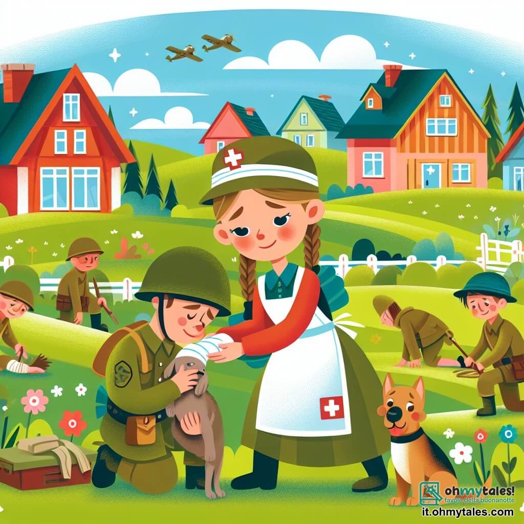 Une illustration destinée aux enfants représentant une jeune femme courageuse, aidant des soldats blessés avec l'aide de son fidèle ami, un chien loyal, dans un petit village entouré de champs verdoyants et de maisons colorées.