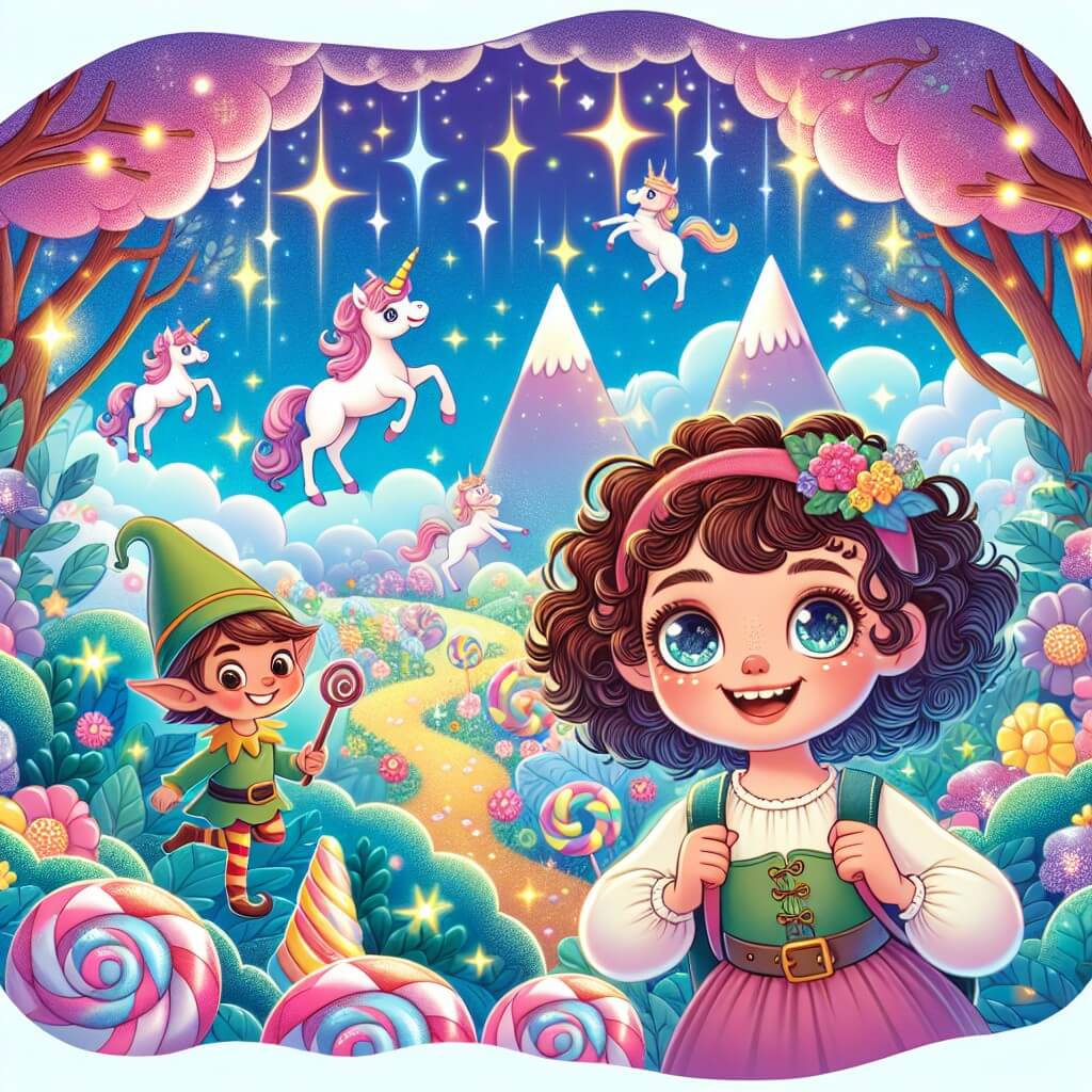 Une illustration destinée aux enfants représentant une jeune fille intrépide, avec des cheveux bouclés et des yeux pétillants, qui se retrouve plongée dans un monde magique rempli de licornes dansants et de montagnes sucrées, accompagnée d'un lutin farceur, le tout se déroulant dans une forêt enchantée aux arbres scintillants et aux fleurs lumineuses.