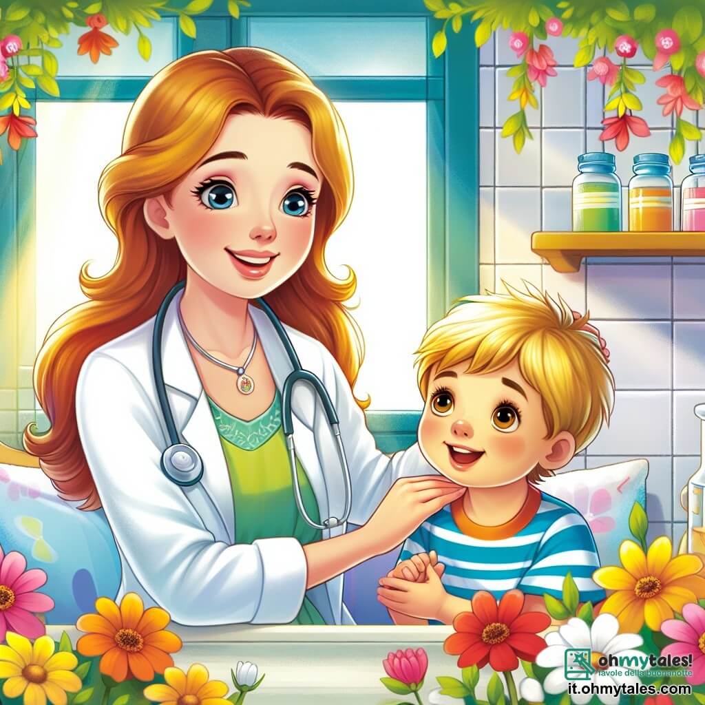Une illustration destinée aux enfants représentant une jeune femme médecin au visage rayonnant, soignant un garçon aux yeux brillants dans sa clinique colorée et chaleureuse située au cœur de la ville de Fiorinella, où les fleurs dansaient au rythme de la guérison.