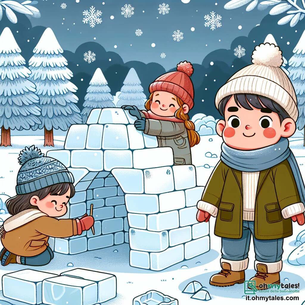 Une illustration destinée aux enfants représentant une fillette qui construit un igloo avec ses amis dans un parc enneigé, sous le regard bienveillant d'un garçon aux joues rougies par le froid.