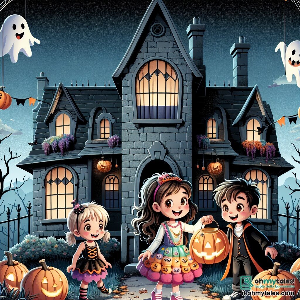 Illustrazione che rappresenta una vecchia casa misteriosa, con muri in pietra grigia e finestre scure, circondata da un giardino invaso da foglie secche e zucche decorate. Davanti, una bambina di 3 anni, con lunghi capelli ricci e un vestito colorato decorato con motivi di Halloween, tiene una lanterna di carta illuminata, il suo volto che brilla di curiosità ed eccitazione. Accanto a lei, due bambini: un ragazzo di 4 anni con capelli castani disordinati, vestito da vampiro, e una ragazza di 5 anni con trecce e costume da strega, entrambi sorridenti e che guardano la casa con meraviglia. La scena cattura il momento in cui si preparano a entrare nella casa, circondati da decorazioni di Halloween, come ragnatele di carta e fantasmi di cartone appesi, creando un'atmosfera sia magica che leggermente spaventosa.