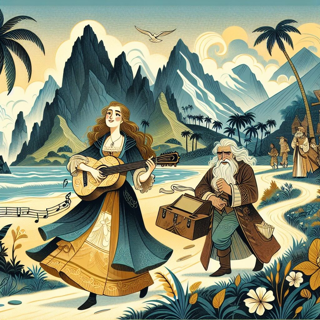 Une illustration destinée aux enfants représentant une jeune femme passionnée par la musique, qui va partir à la recherche de la mélodie perdue, accompagnée d'un sage musicien, à travers des paysages enchanteurs tels qu'une plage déserte bordée de palmiers, une forêt mystérieuse et des montagnes majestueuses.