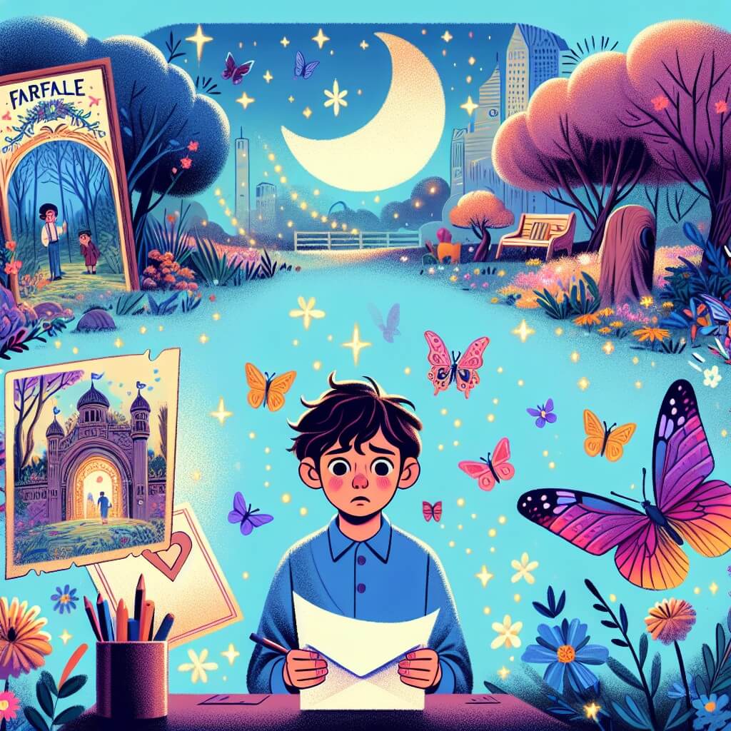 Une illustration destinée aux enfants représentant un jeune garçon, triste et curieux, confronté à la séparation de ses parents, qui découvre une lettre mystérieuse dans sa chambre, l'invitant à retrouver son père au parc des farfalle, un lieu enchanteur rempli de papillons colorés virevoltant parmi les fleurs et les arbres verdoyants.