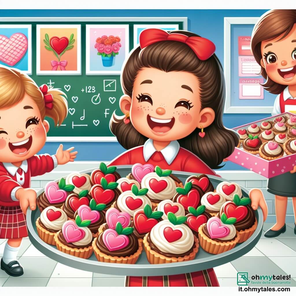 Une illustration destinée aux enfants représentant une fille pleine de joie distribuant des cartes de Saint-Valentin à ses amis dans une salle de classe colorée et joyeuse, avec en second plan une maestra souriante portant un grand plateau de délicieux gâteaux en forme de cœur.