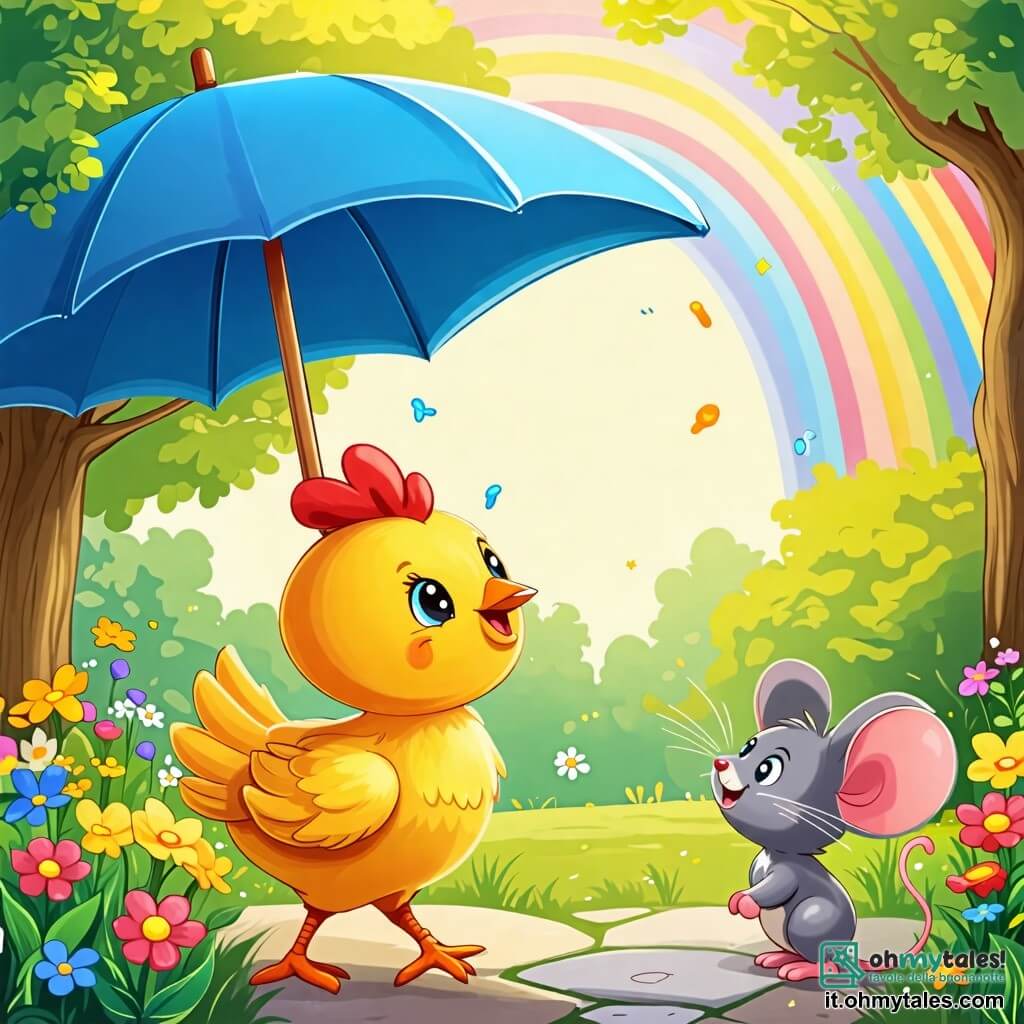 Une illustration sous forme de dessin destinée aux enfants représentant un charmant cortile ensoleillé rempli de fleurs colorées et d'arbres verts, avec une petite poule aux plumes dorées et brillantes qui saute joyeusement sous un grand ombrello bleu, tandis qu'un petit souris grisonnant aux yeux pétillants l'observe avec un sourire émerveillé, capturant l'instant magique où l'ombrelle révèle un arc-en-ciel éclatant dans le ciel, symbolisant la joie et l'amitié.