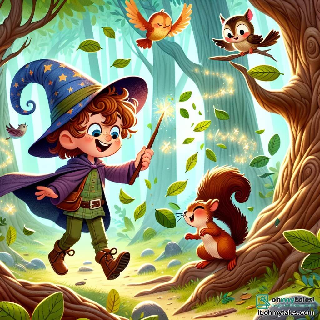 Une illustration sous forme de dessin destinée aux enfants représentant une forêt enchantée, avec des arbres aux troncs noueux et des feuilles scintillantes, où un jeune apprenti sorcier, un garçon aux cheveux bouclés et au chapeau pointu légèrement de travers, s'amuse à faire danser des feuilles autour de lui avec sa baguette en bois, tandis qu'un petit oiseau coloré, joyeux et curieux, vole autour de lui, et un écureuil espiègle, avec une fourrure brune et des yeux malicieux, rit en essayant de danser, créant une scène pleine de magie et de rires.