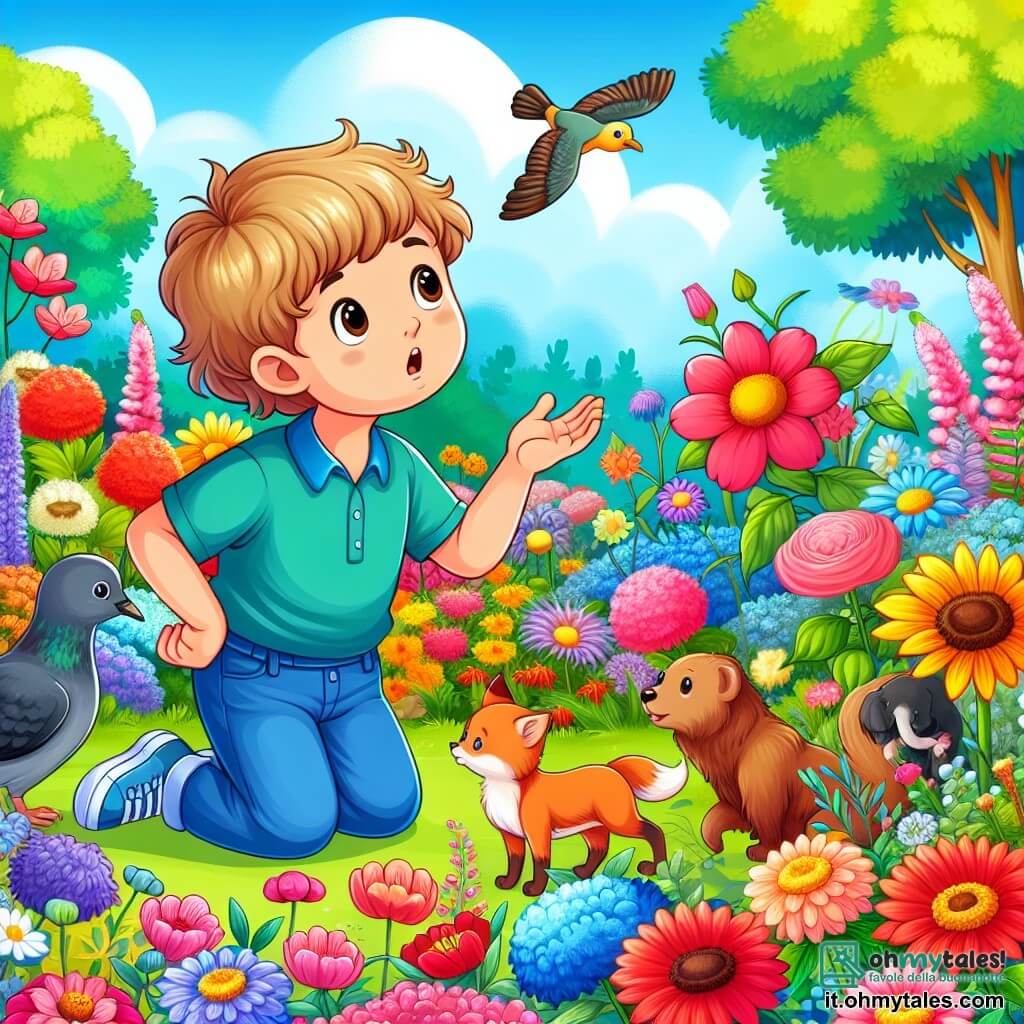 Une illustration destinée aux enfants représentant un petit garçon curieux posant des questions à des animaux et des plantes dans un magnifique jardin fleuri aux couleurs vives.