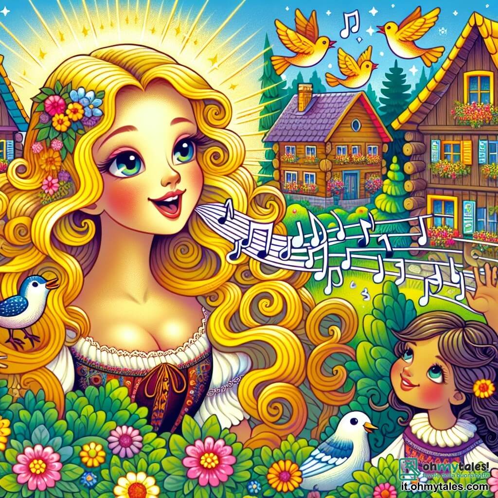 Une illustration destinée aux enfants représentant une femme aux cheveux dorés comme les rayons du soleil, dont la voix douce et mélodieuse attire les oiseaux chantants dans un petit village vibrant de couleurs, où elle partage sa passion pour la musique avec un garçon aux yeux pétillants d'enthousiasme et une fille aux boucles sombres, tous deux émerveillés par les notes qui s'élèvent dans l'air frais du matin, tandis que les maisons en bois aux volets colorés et les jardins fleuris entourent la scène, créant une atmosphère joyeuse et chaleureuse, où la magie de la musique unit les cœurs et fait danser les rêves.