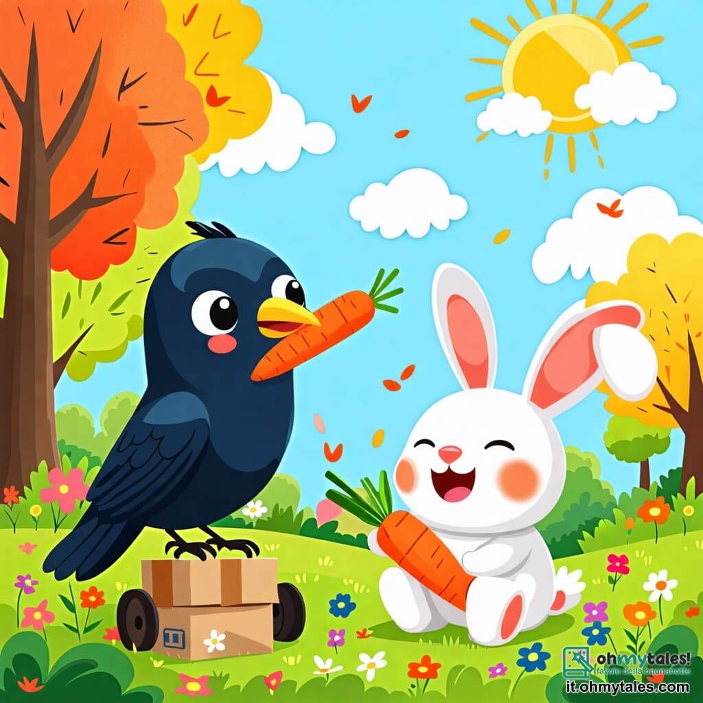 Une illustration sous forme de dessin destinée aux enfants représentant un parc verdoyant avec des arbres colorés et des fleurs éclatantes, où un corbeau noir aux plumes brillantes et aux yeux malicieux s'apprête à tirer une carotte d'un petit canon en carton, tandis qu'un joyeux petit lapin aux grandes oreilles et à la fourrure blanche, assis sur l'herbe, rit de l'absurdité de la situation, le soleil brillant dans un ciel bleu clair et des nuages moelleux flottant doucement.