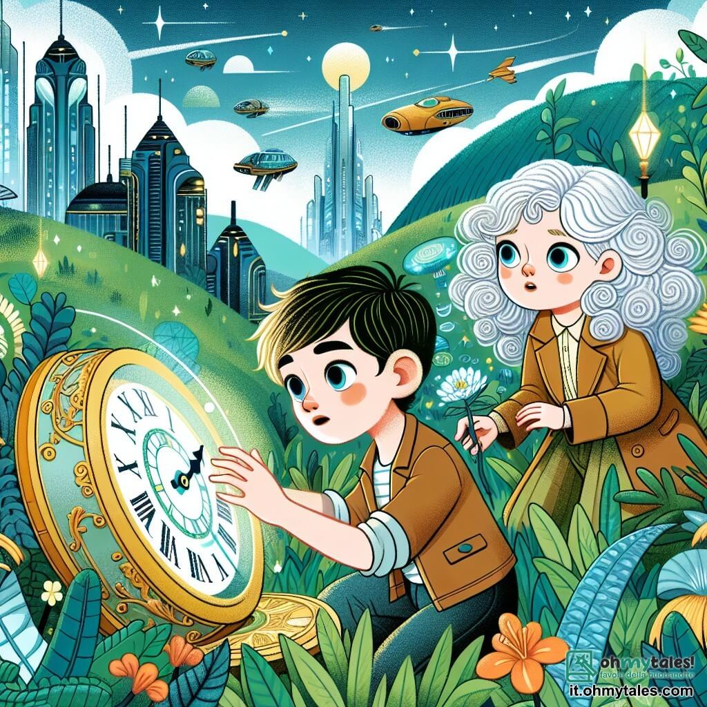 Une illustration destinée aux enfants représentant un garçon curieux et courageux découvrant un mystérieux orologio dans un jardin verdoyant, accompagné d'une jeune fille aventurière aux cheveux bouclés argentés, se déroulant dans un monde futuriste avec des bâtiments scintillants et des véhicules volants dans le ciel.