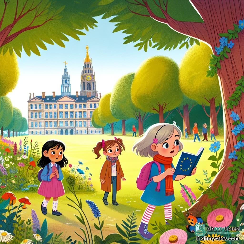Une illustration destinée aux enfants représentant une fillette curieuse découvrant le changement climatique, accompagnée de ses amis dans un parc verdoyant entouré d'arbres majestueux et de fleurs colorées.
