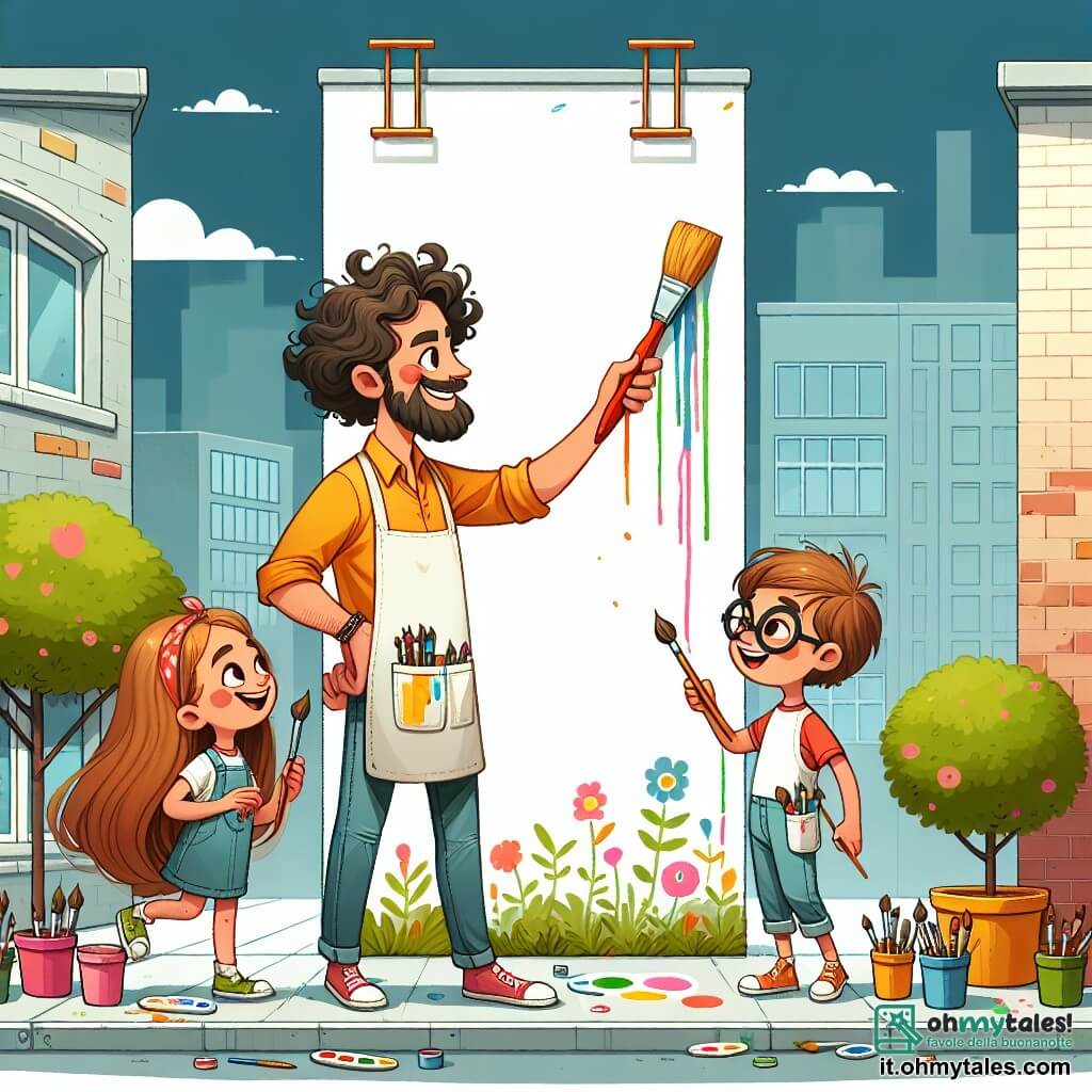 Une illustration sous forme de dessin destinée aux enfants représentant un grand mur blanc à l'extérieur d'une école colorée, où un homme aux cheveux bouclés et à la barbe soignée, vêtu d'une chemise éclatante et d'un tablier de peintre, montre avec enthousiasme aux enfants, une fille aux cheveux longs et bruns et un garçon aux lunettes et aux cheveux ébouriffés, comment mélanger les couleurs pour créer un magnifique mur mural qui illustre leurs rêves, tandis que des pinceaux et des pots de peinture colorés sont éparpillés autour d'eux, capturant l'énergie créative et la joie de l'art en pleine collaboration.