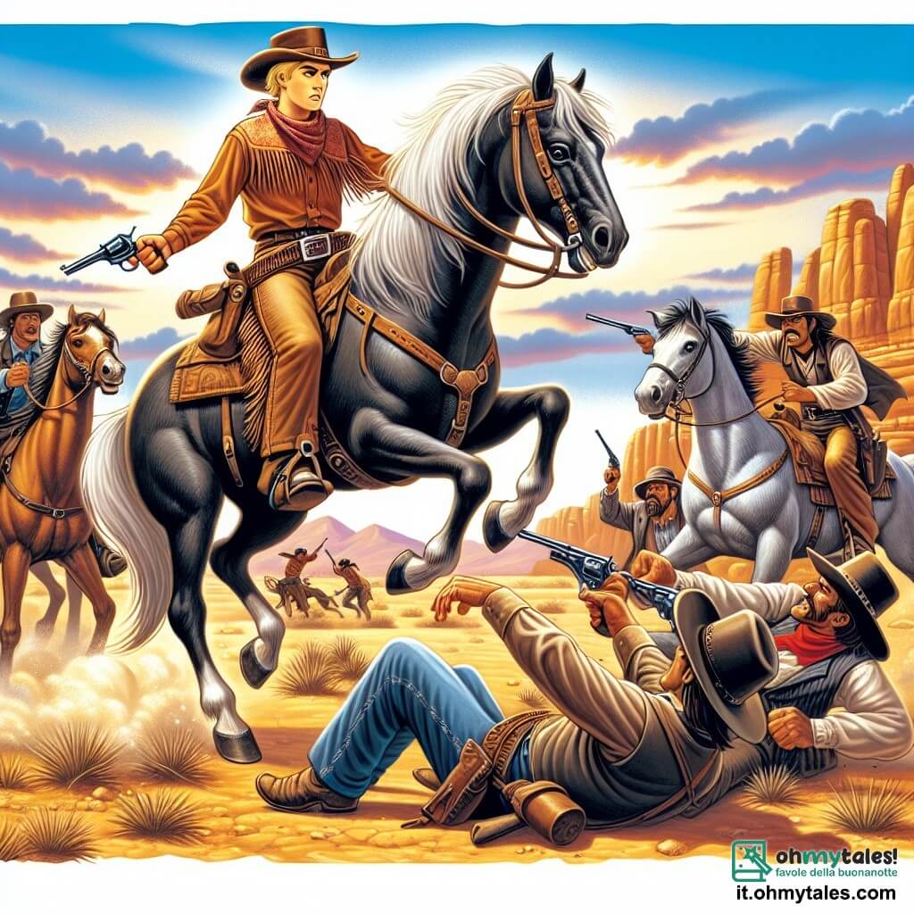 Une illustration destinée aux enfants représentant un courageux cow-boy, monté sur son fidèle cheval, affrontant une bande de hors-la-loi dans le désert aride du Far West.