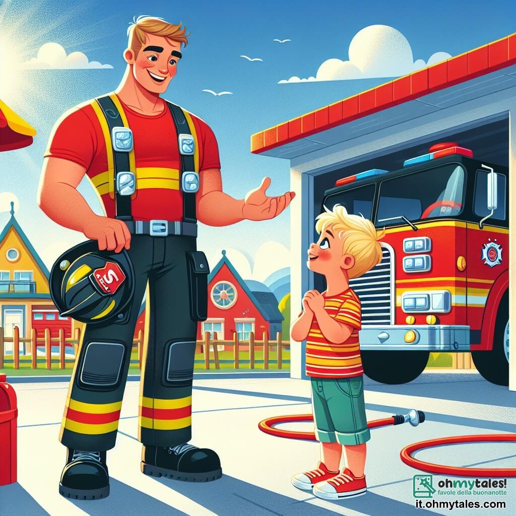 Une illustration sous forme de dessin destinée aux enfants représentant une caserne de pompiers colorée, avec un homme grand et musclé portant une tenue de pompier rouge vif et un casque, souriant et expliquant son métier à un jeune garçon aux cheveux blonds et aux yeux brillants, qui l'écoute avec émerveillement, tandis qu'un camion de pompiers rouge étincelant est garé à l'arrière-plan, prêt à partir en intervention, le tout baigné dans une lumière ensoleillée qui évoque un sentiment de courage et d'aventure.