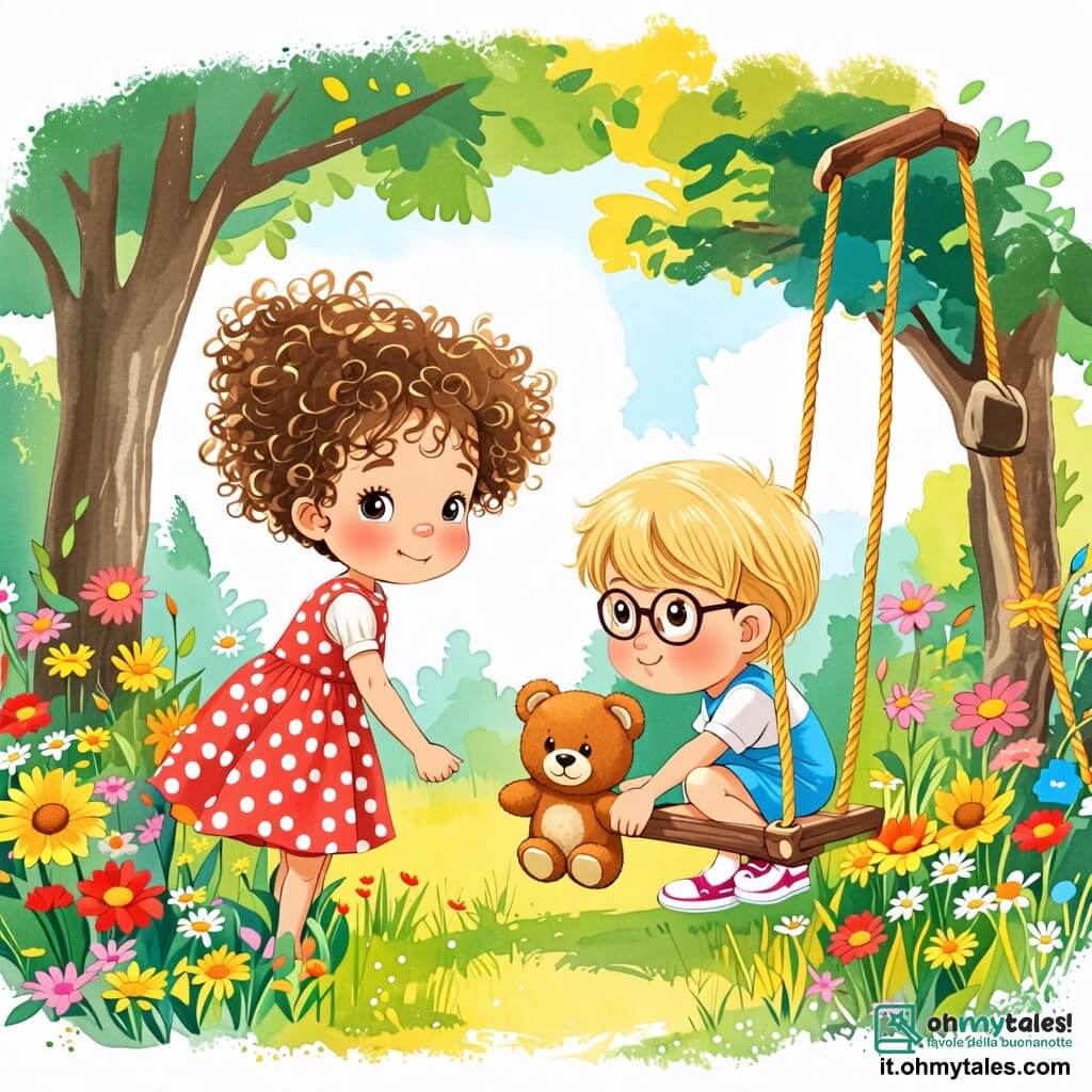 Une illustration sous forme de dessin destinée aux enfants représentant un jardin ensoleillé plein de fleurs colorées et d'arbres verdoyants, avec une petite fille de 2 ans aux cheveux bouclés et aux yeux pétillants, portant une robe à pois, qui cherche son ours en peluche perdu, tandis qu'un garçon de 3 ans aux cheveux blonds et aux lunettes rondes l'aide en scrutant attentivement autour d'une balançoire, le tout empreint d'une atmosphère joyeuse et d'un esprit d'aventure.