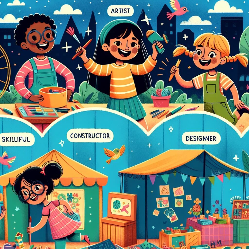 Une illustration destinée aux enfants représentant une jeune fille pleine de vie organisant un marché coloré dans son jardin, entourée de ses amis, incluant une artiste talentueuse, un constructeur habile et une créatrice ingénieuse, avec des stands remplis de jouets, de vêtements et d'objets faits à la main, sous un ciel bleu clair parsemé d'oiseaux chantant gaiement.