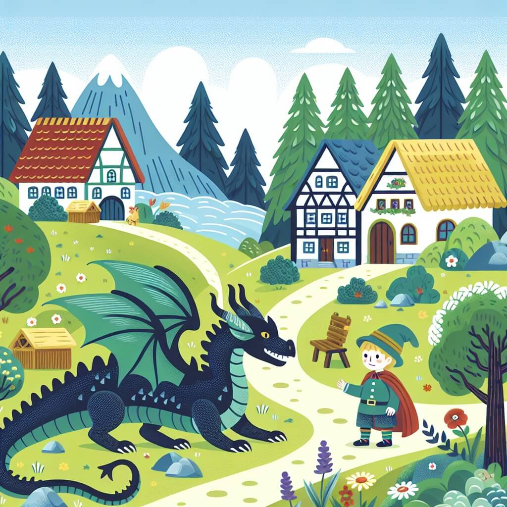 Une illustration destinée aux enfants représentant un dragon majestueux, perdu dans une forêt enchantée, rencontrant un jeune garçon courageux dans un village pittoresque entouré de collines verdoyantes et de maisons colorées.