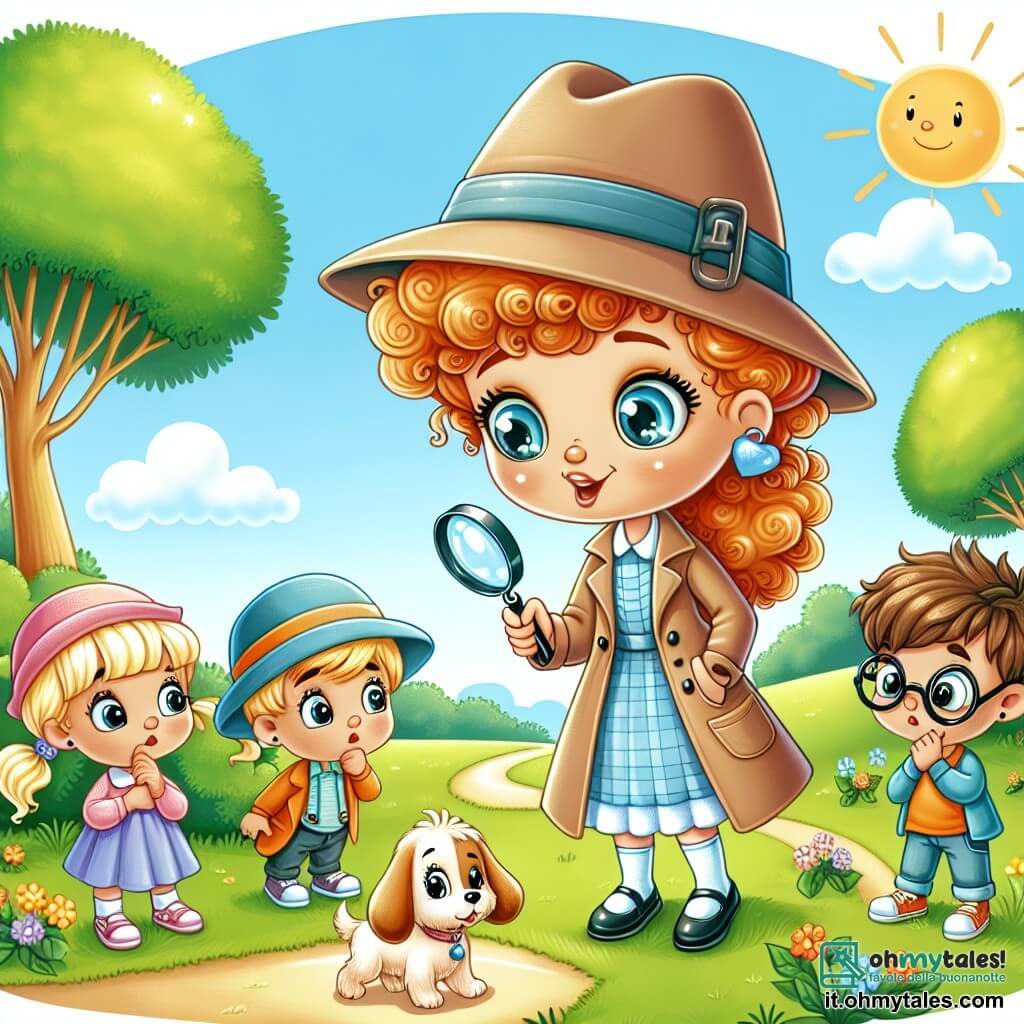 Une illustration sous forme de dessin destinée aux enfants représentant un parc ensoleillé avec des arbres verdoyants et une petite colline, où une jeune femme aux cheveux bouclés et aux yeux pétillants, portant un chapeau de détective et une loupe à la main, cherche un petit chien perdu, tandis qu'un groupe de trois enfants, un garçon avec un chapeau bleu, une fille aux cheveux blonds et un garçon aux lunettes, l'observe avec curiosité, tous impatients de l'aider à résoudre le mystère de la disparition de leur ami à quatre pattes.