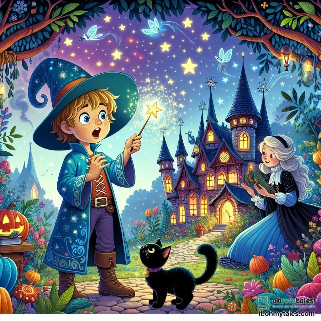 Une illustration destinée aux enfants représentant un jeune apprenti sorcier émerveillé par sa découverte d'une baguette magique, accompagné d'une gentille sorcière et de son chat noir, dans une maison enchanteresse entourée d'arbres dansants et d'étoiles scintillantes, dans un royaume magique et coloré.