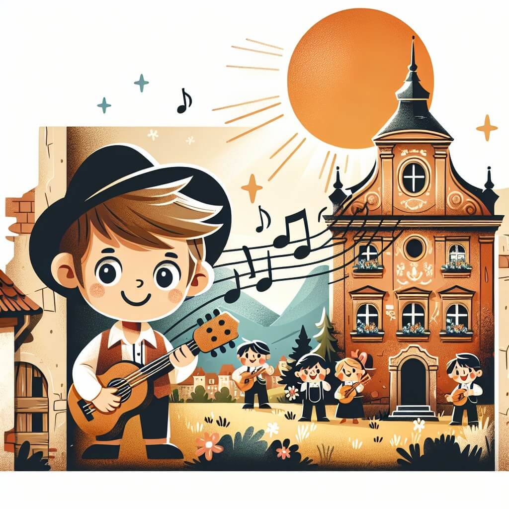 Une illustration destinée aux enfants représentant un jeune homme passionné de musique, se tenant devant un vieux bâtiment abandonné où résonnent les notes mélodieuses jouées par un groupe de musiciens, dans une petite ville pittoresque baignée par les rayons chaleureux du soleil couchant.