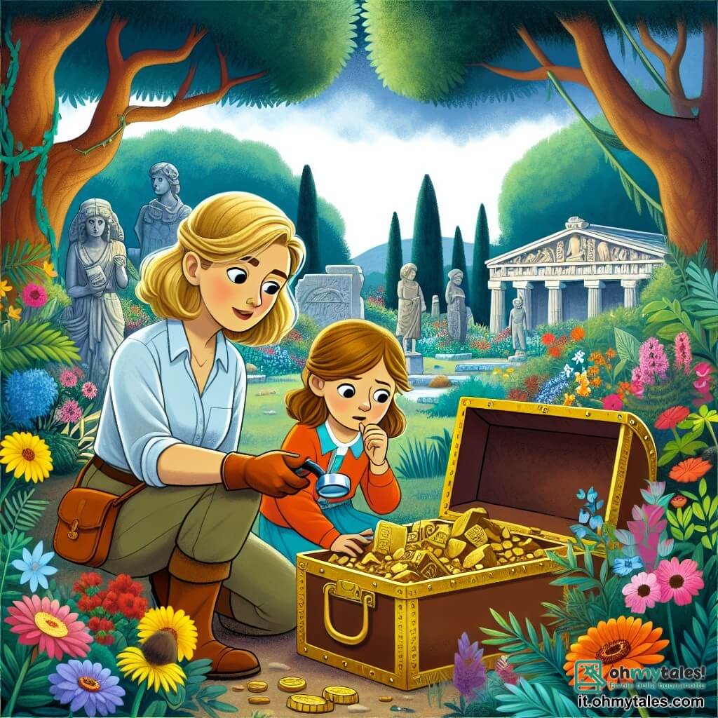 Une illustration destinée aux enfants représentant une archéologue intrépide (femme) découvrant un ancien trésor aux côtés de sa petite fille curieuse (fille), dans un jardin luxuriant rempli de fleurs colorées, d'arbres majestueux et de mystères enfouis sous la terre.