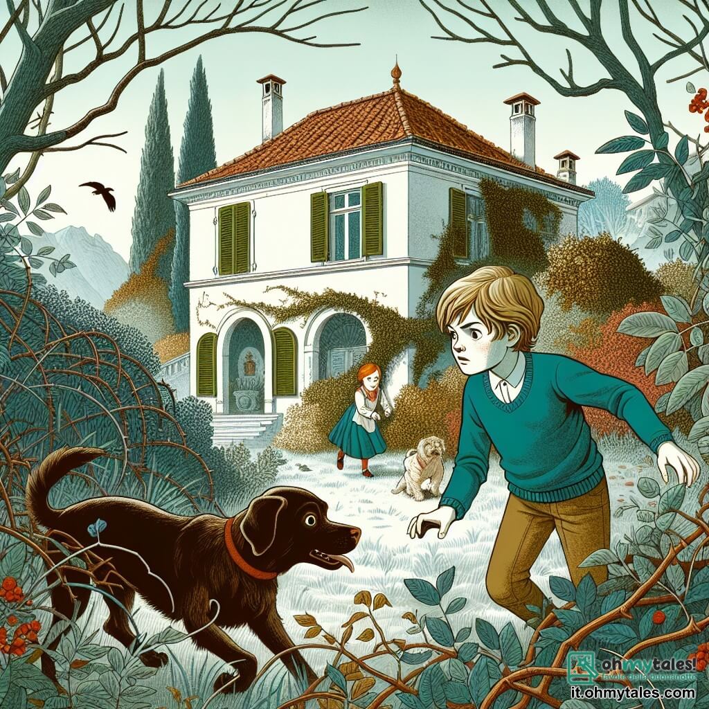 Une illustration destinée aux enfants représentant un jeune garçon curieux explorant une vieille villa abandonnée avec son fidèle chien, rencontrant une mystérieuse petite fille cachée derrière une tenda, dans un jardin envahi par les ronces et les feuilles mortes de la Villa dei Ciliegi à l'atmosphère envoûtante.