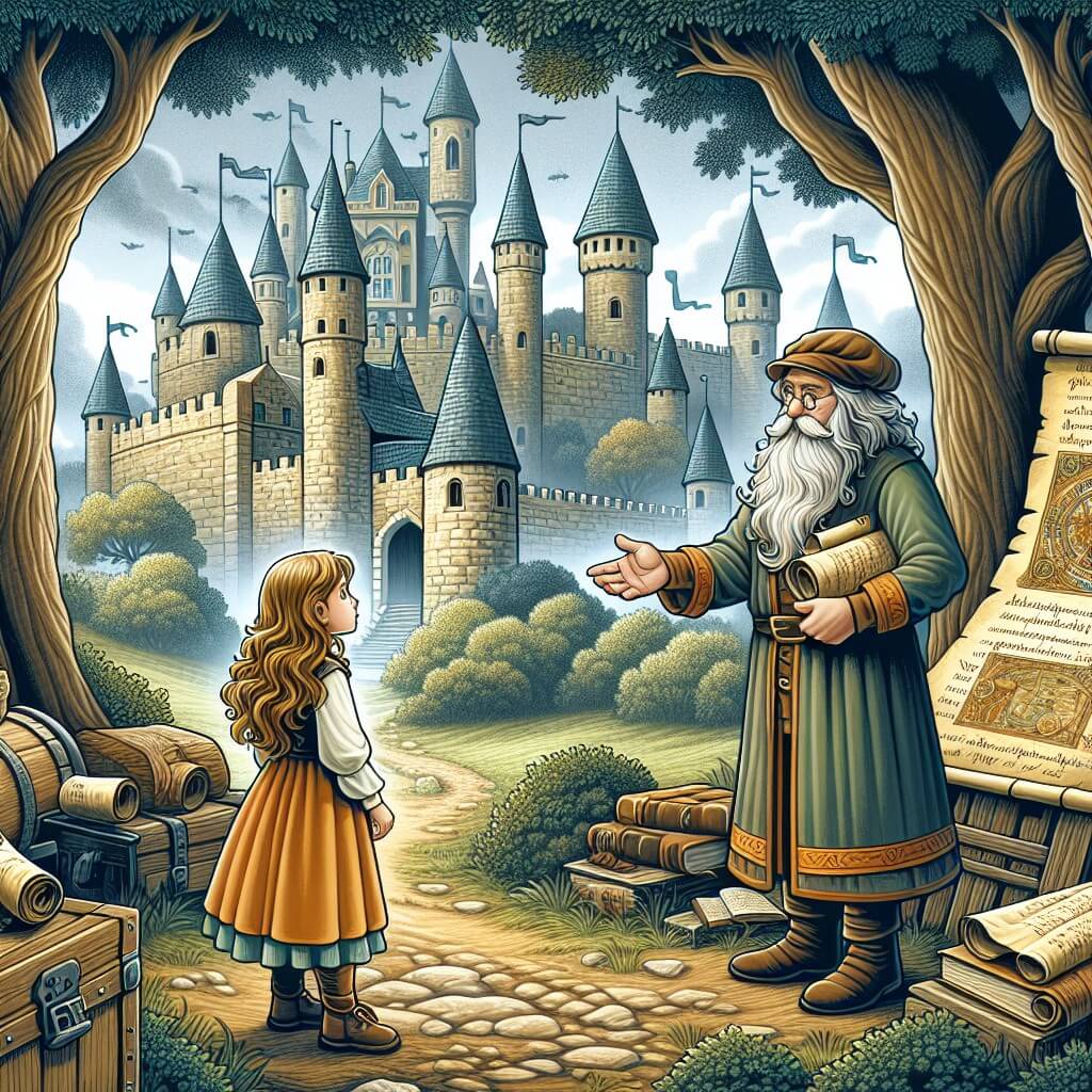 Une illustration destinée aux enfants représentant une petite fille curieuse se tenant devant un vieux château dans un mystérieux bosquet, tandis qu'un sage et barbu inventeur lui explique comment résoudre un énigme pour retourner dans son temps, entourés de manuscrits antiques et de cartes poussiéreuses.