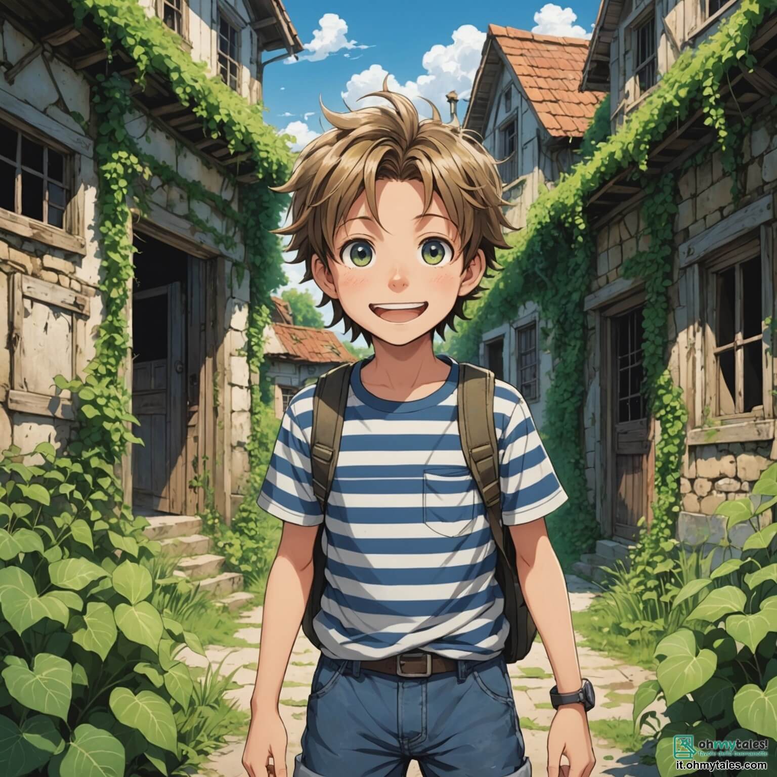 Une illustration destinée aux enfants représentant un garçon aux cheveux ébouriffés et aux yeux pétillants d'excitation, vêtu d'un t-shirt rayé et d'un short usé, qui se tient devant un mystérieux village abandonné, entouré de maisons aux murs couverts de lierre et de fenêtres brisées, tandis qu'à ses côtés se trouvent sa meilleure amie, une fille au sourire chaleureux et aux cheveux tressés, ainsi que son ami intrépide, un garçon au regard déterminé et à l'énergie débordante, tous trois prêts à partir à l'aventure pour découvrir les secrets cachés de cet endroit enchanteur et inquiétant, où le vent murmure des histoires oubliées et où les ombres dansent sous la lumière du soleil couchant.