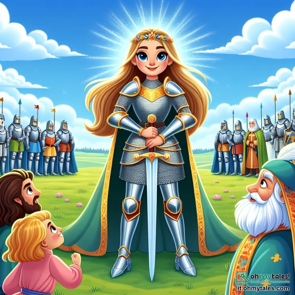 Une illustration sous forme de dessin destinée aux enfants représentant une vaste plaine verdoyante sous un ciel bleu éclatant, au centre de laquelle se tient une courageuse chevaleresse, une jeune femme aux cheveux longs et dorés, vêtue d'une armure scintillante et brandissant une épée, prête à défendre son honneur dans un tournoi, tandis qu'en arrière-plan, un groupe de chevaliers masculins, aux armures variées, l'observe avec étonnement et admiration, et un vieux sage à la barbe blanche, vêtu d'une robe colorée, l'encourage avec un sourire bienveillant, symbolisant la bravoure et l'égalité des genres dans un monde de chevalerie.