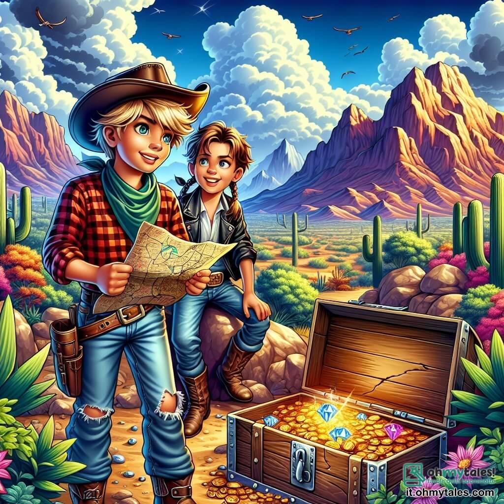 Illustrazione che rappresenta una scena nel cuore delle Montagne Rocciose, dove maestose montagne si ergono sotto un cielo blu splendente, punteggiato di nuvole bianche e soffici. In primo piano, un giovane con capelli biondi scompigliati dal vento indossa un cappello da cowboy consumato e una camicia a quadri rossi. Sta esaminando una vecchia mappa, con un'espressione determinata e concentrata, e gli occhi brillanti di eccitazione. Accanto a lui, una ragazza di circa dieci anni, con capelli castani intrecciati e un sorriso malizioso, osserva attentamente la mappa. Indossa una giacca di pelle e pantaloni di denim, pronta per l'avventura. Insieme si trovano davanti a una grande cassa di legno, parzialmente sepolta nel terreno, circondata da pietre e vegetazione selvaggia. La scena principale mostra i due giovani avventurieri che scoprono un tesoro nascosto, con monete d'oro scintillanti e gioielli sparsi attorno a loro. Sullo sfondo, cactus e cespugli aggiungono un tocco di colore al paesaggio desertico, mentre un maestoso aquila plana nel cielo, simboleggiando la libertà e lo spirito d'avventura.