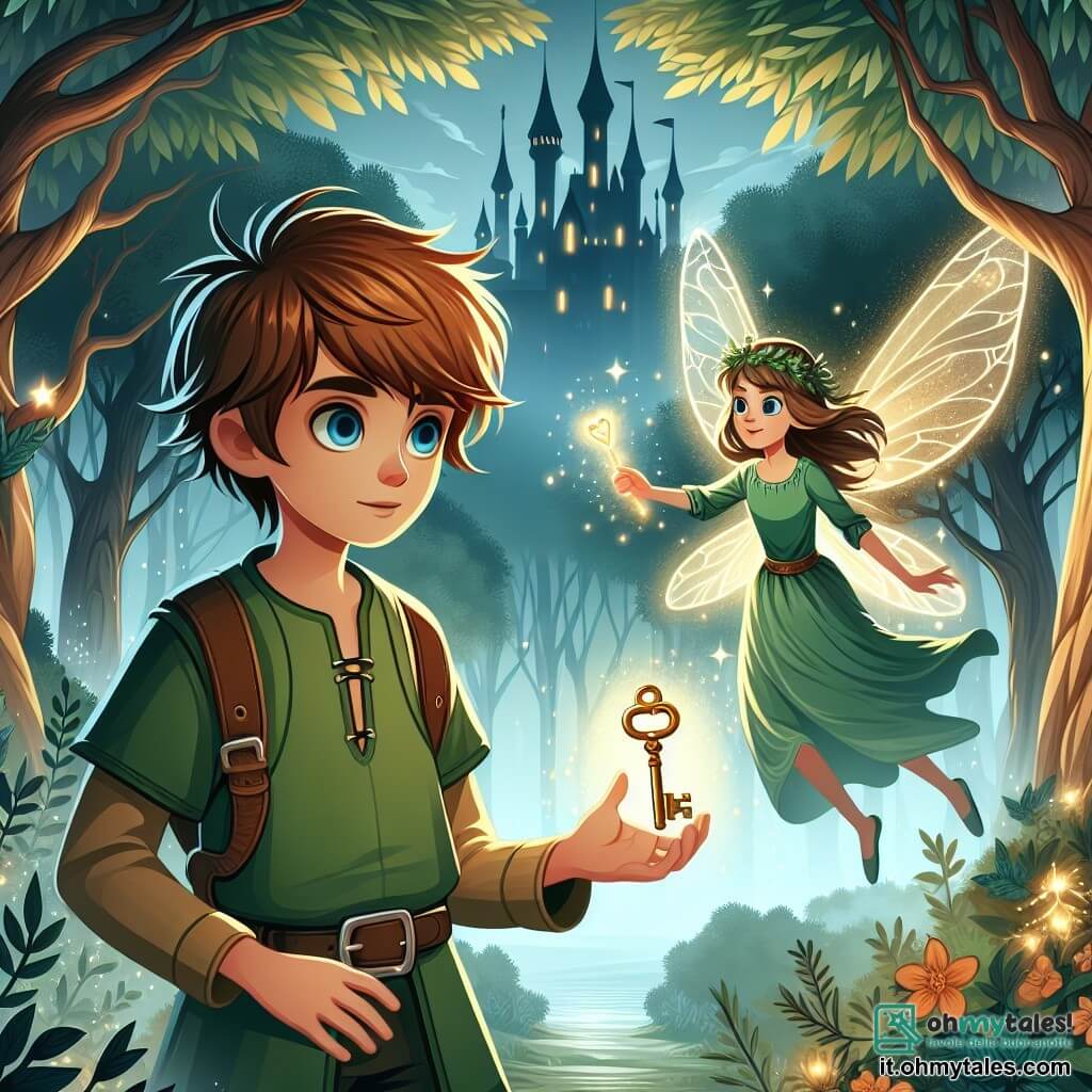 Une illustration sous forme de dessin destinée aux enfants représentant une forêt enchantée, avec des arbres majestueux aux feuilles scintillantes, où un garçon de 11 ans aux cheveux châtains et aux yeux bleus, vêtu d'une tunique verte, tient une clé d'or brillante dans sa main, entouré d'une fée aux ailes translucides et lumineuses, qui lui montre un chemin à suivre, alors qu'ils se préparent à affronter un sombre château au loin, symbole d'une aventure magique et pleine de courage.
